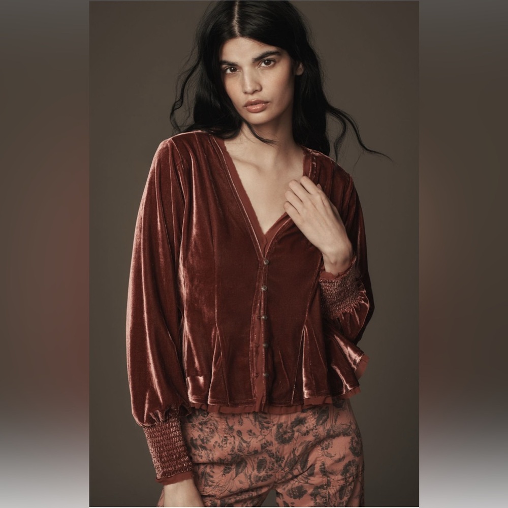 Anthropologie Rust Velvet Button-Front Blouse
